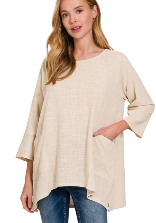 BEIGE LINEN POCKET TOP